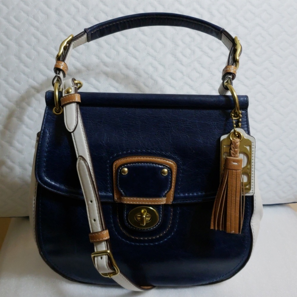 Coach Navy Blue, White & Tan Leather Crossbody Bag with Tassel - Picture 2 of 7